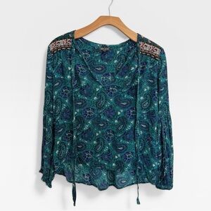 Billabong Teal Paisley Tie-Front Boho Blouse